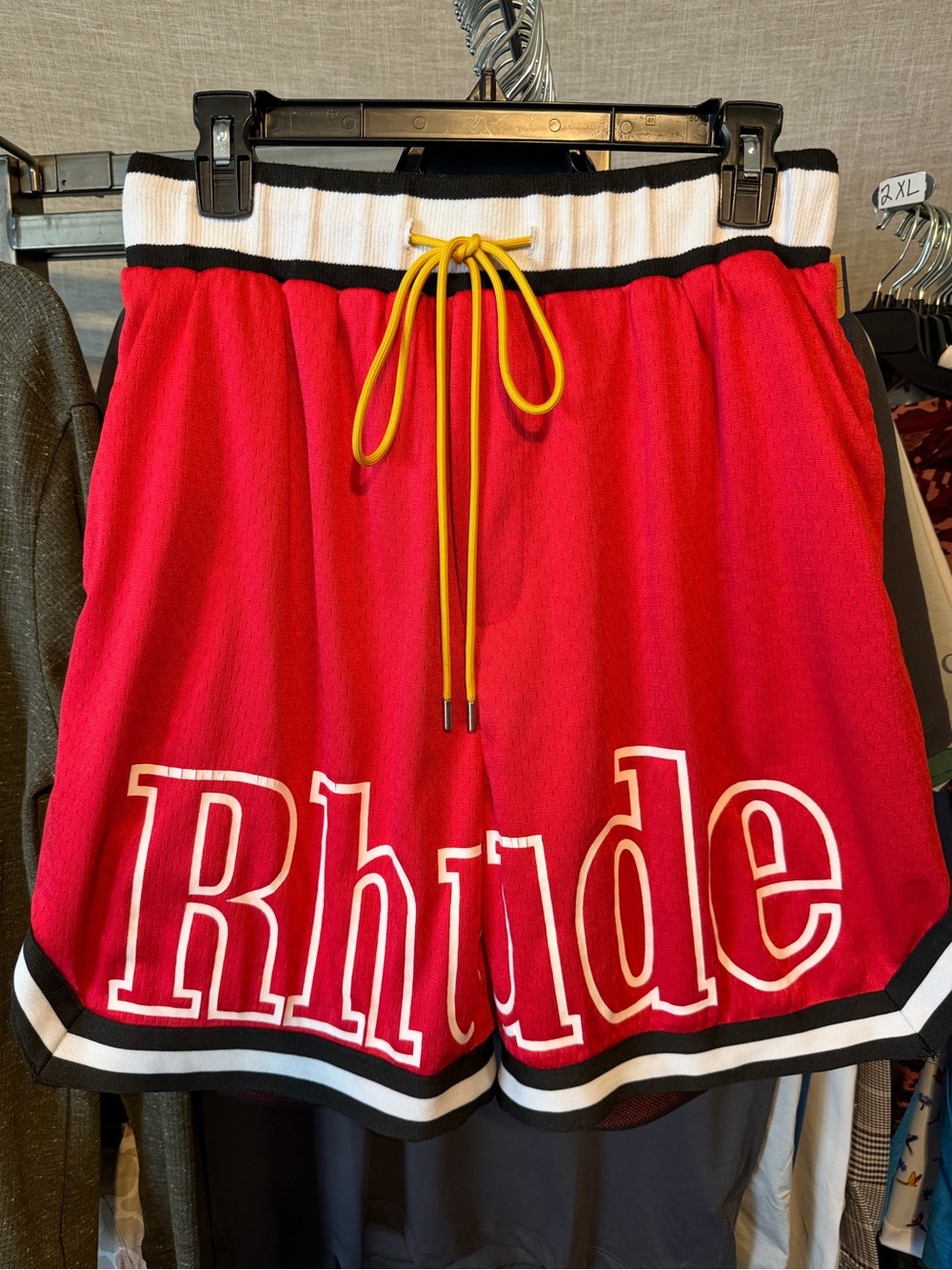 Men’s Rhude Red Athletic Shorts with Yellow Drawstring size XL
